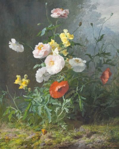 oeuvre de françois rivoire - fleurs des champs sur fond de paysage - gouache sur papier