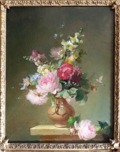 oeuvre de françois rivoire - vase de fleurs sur un entablement - huile sur toile