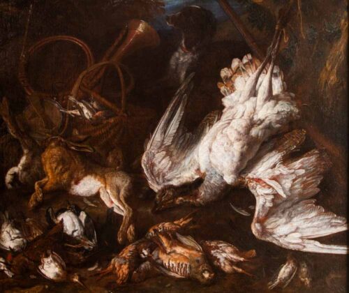 oeuvre de adriaen van der cabel - nature morte à l’outarde, lièvre, perdrix et cor de chasse - huile sur toile
