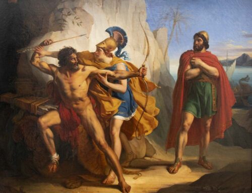 oeuvre de théophile auguste vauchelet - ulysse et néoptolème venant chercher philoctète dans l’île de lemnos - huile sur toile