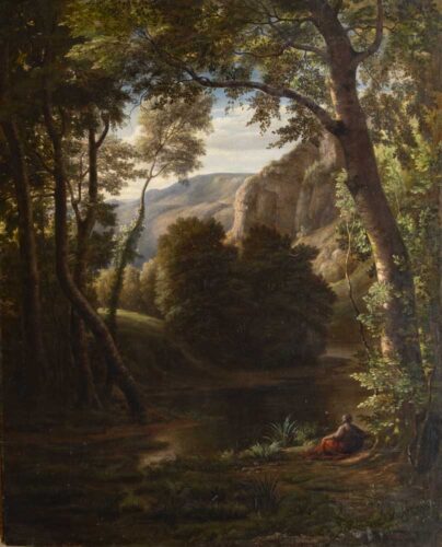 oeuvre de florentin servan - paysage avec mystique en prière contemplative - huile sur toile