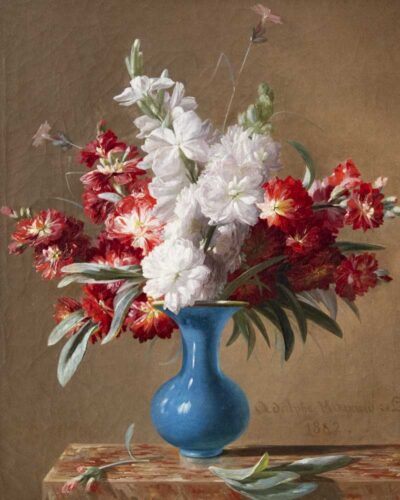 oeuvre de adolphe jacques gabriel magaud - fleurs républicaines, rouges et blanches dans un vase bleu - huile sur toile