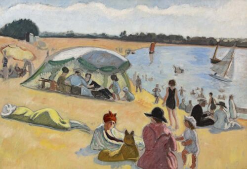 oeuvre de jean puy - sur la plage - huile sur papier collé sur toile
