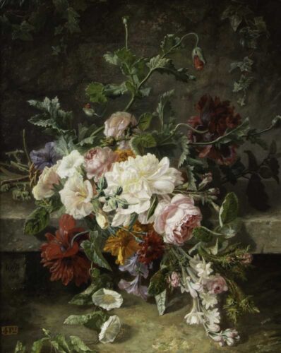 jean-pierre-lays-tableau-jete-de-roses-et-pavots-sur-banc-de-pierre