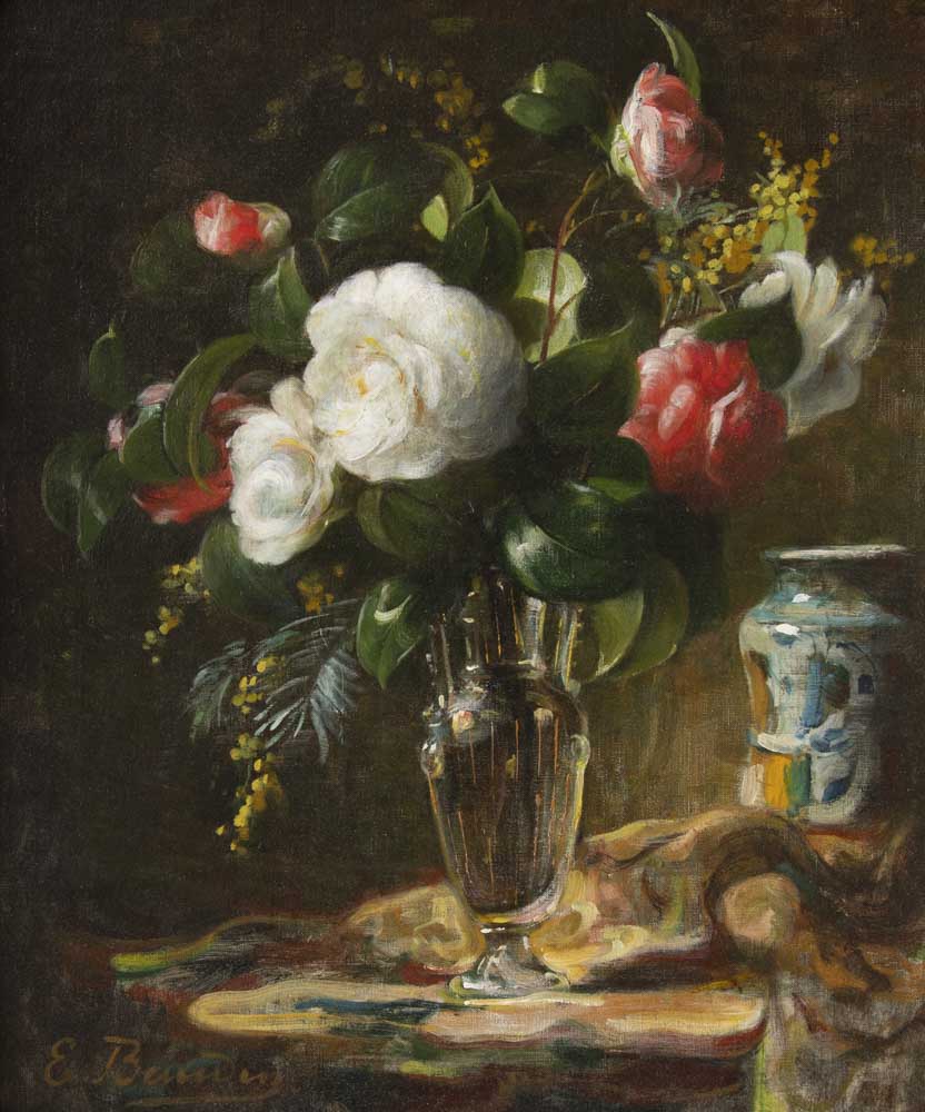 oeuvre de eugene baudin - bouquet de fleur dans un vase en verre - huile sur toile
